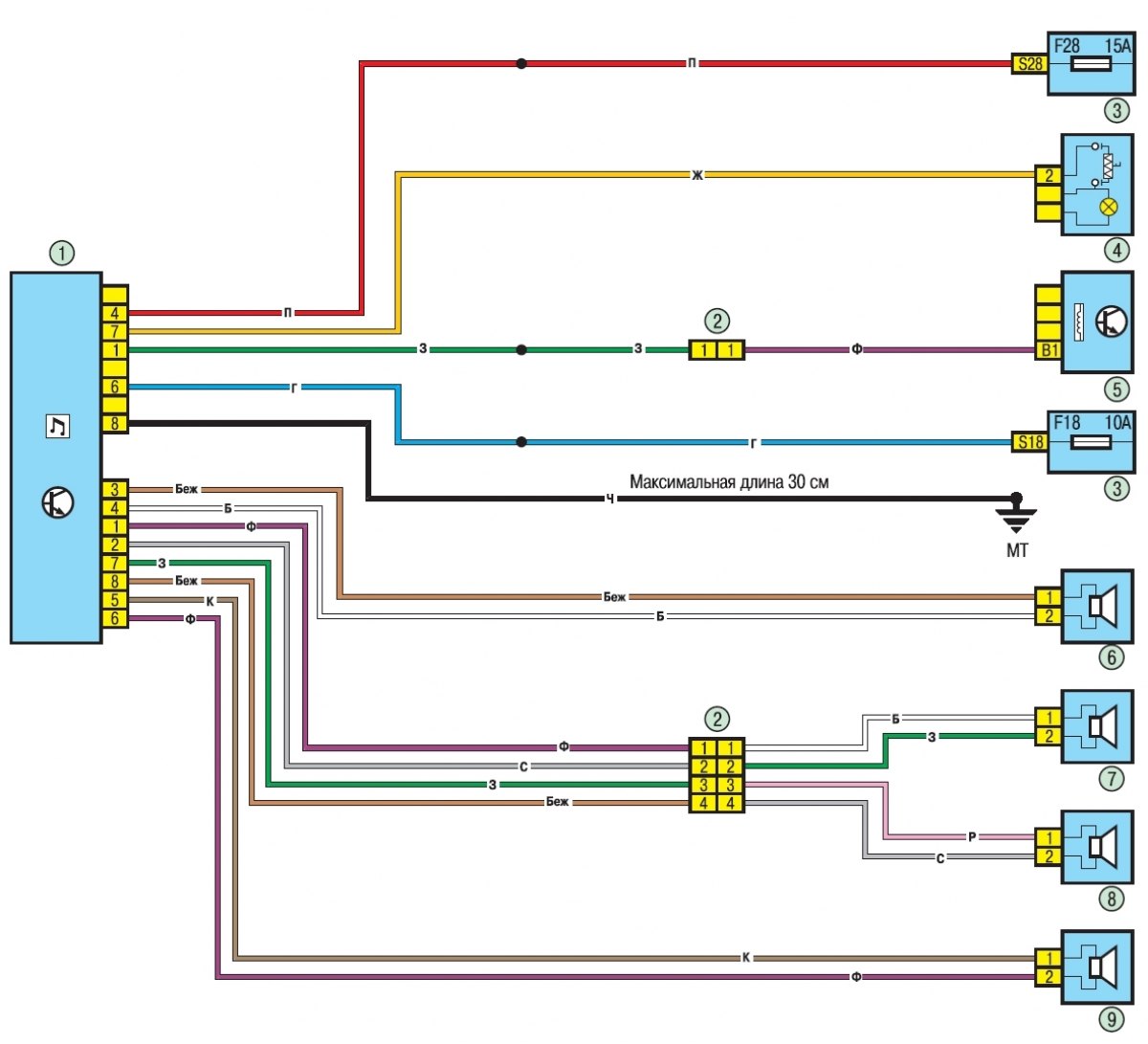Схема 20. Подключение динамиков акустической системы (Рено Логан 1 .