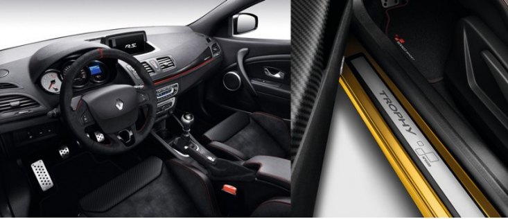 В салоне Megane RS 275 Trophy покупатели обнаружат ковши Recaro с красной прострочкой, обитые кожей…