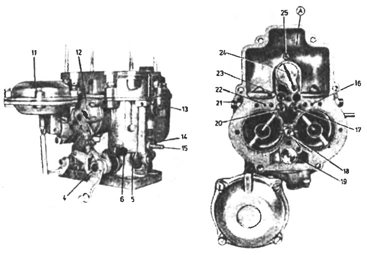 2.2. Карбюратор 34DCHD (ФСО-125Р): 1 - патрубок подачи горючего, 2 - поплавок, 3 - игольчатый…