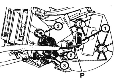 14.10. Правильное положение рычагов заслонок на воздухораспределителе при установке тросиков: 1 -…