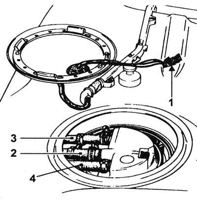 8.2. Злучэнні датчыка ўзроўня паліва: 1 - Электрычны злучальнік; 2 - Які падае паліўны шланг; 3 -…