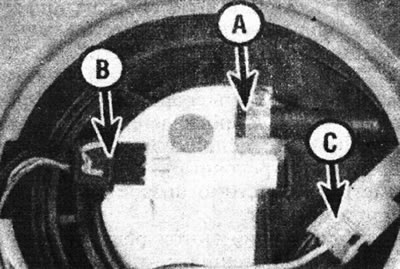 10.2 Fuel level sensor connections - breather hose (A), sensor wiring (B) and pump wiring (C).