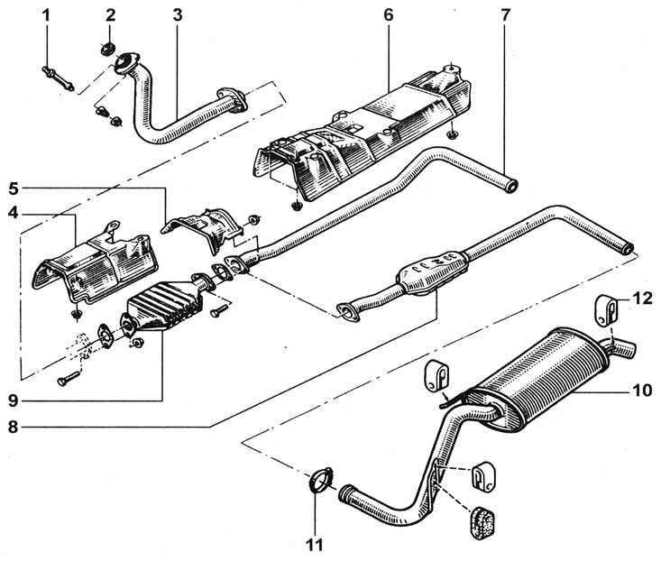 17.1. Типичные компоненты выхлопной системы: 1 - Шпилька; 2 - Кольцевое уплотнение; 3 - Отводящая…