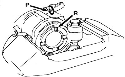 16.8. Before installing the rear brake pads, align the groove on the piston (R) with the bleed…