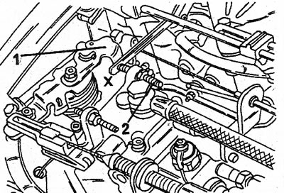 18.4 The feeler gauge is installed between the throttle lever (1) and the idle speed adjustment…
