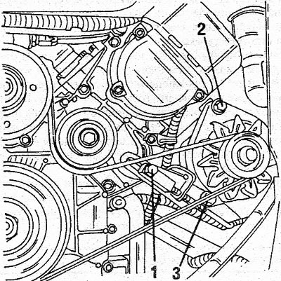 5.4b Metoda de montare a generatorului la modelele cu motor V6. Denumirile numerice sunt menționate…