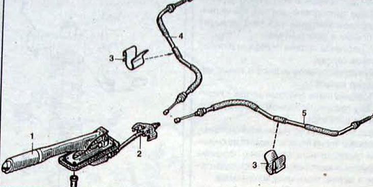 Figura. 12.23. Frana de parcare: 1 - pârghie; 2 - cablu principal;3 - clemă; 4 - cablu spate…