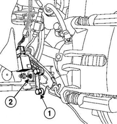 Рис. 7.26. Снятие датчика высоты корректора фар передней части кузова: 1 – стопор; 2 – болт…