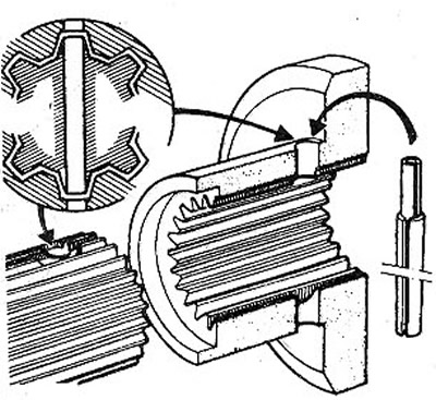 10.15 Вставьте два новых распорных штифта и забейте их соответствующим пробойником