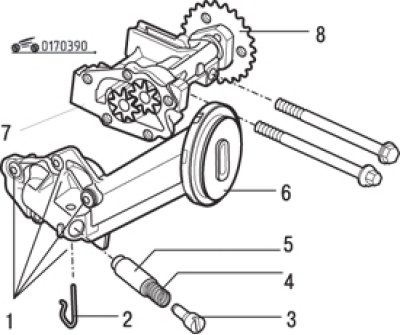 Рис. 3.90. Детали масляного насоса: 1 – болты; 2 – шпилька; 3 – регулировочный винт редукционного…