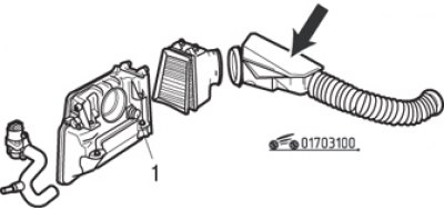 Fig. 3.100. Intake noise muffler (arrow): 1 – crankcase ventilation system inlet