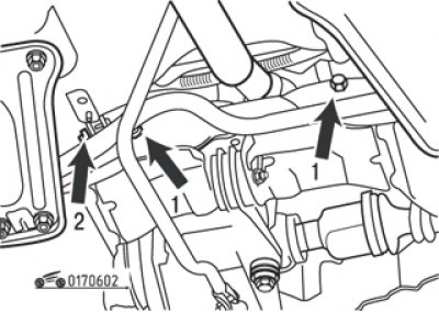 Fig. 6.2. Steering mechanism fastening elements: 1 – subframe mounting bolts; 2 – eccentric bolt
