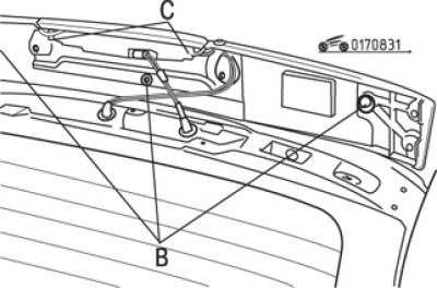Рис. 8.31. Защелки крепления (В) верхней панели двери задка и винты (С) крепления фонаря верхнего…