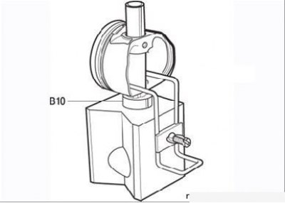 Малюнак 3.64. Устаноўка поршня на прыстасаванне для зборкі з шатуном: В10 - утулка-абмежавальнік