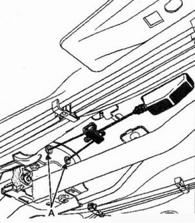 7. Под автомобилем: снимите два тепловых экрана и отсоедините от кузова два троса (А) стояночного…