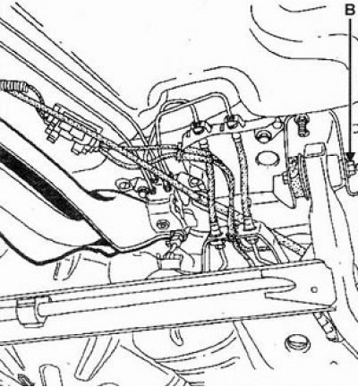 8. Отверните гайки крепления рычагов подвески (В) не снимая шпилек.