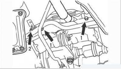 Figure 6.2. Steering mechanism fastening elements: 1 – subframe mounting bolts; 2 – eccentric bolt