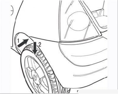 Малюнак 9.14. Адлучэнне вугла бампера (стралка 1) і напрамак яго павароту (стрэлка 2)