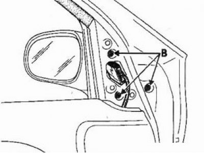 2. Отверните три болта (В) крепления зеркала.