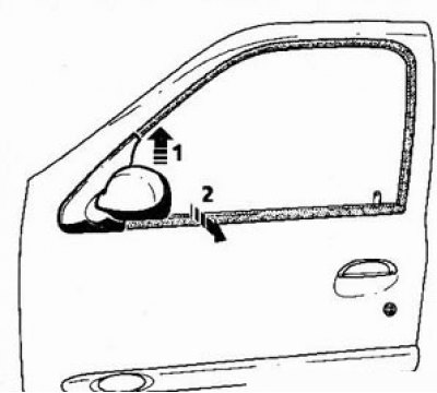 4. Поднимите зеркало вверх (стрелка 1) и в бок (стрелка 2). снимите зеркало.